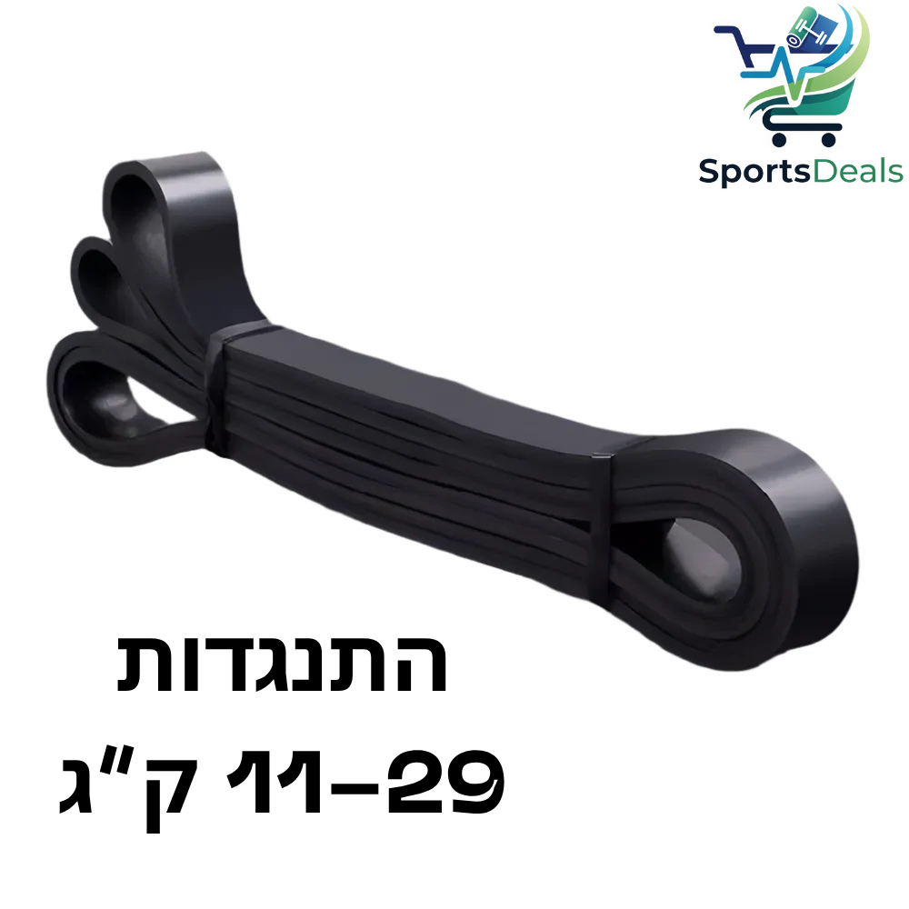 Black resistance band with measurement text on a white background, featuring the SportsDeals logo.