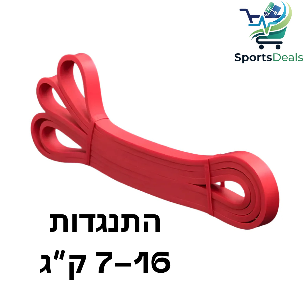 Red resistance band with text and SportsDeals logo on a white background