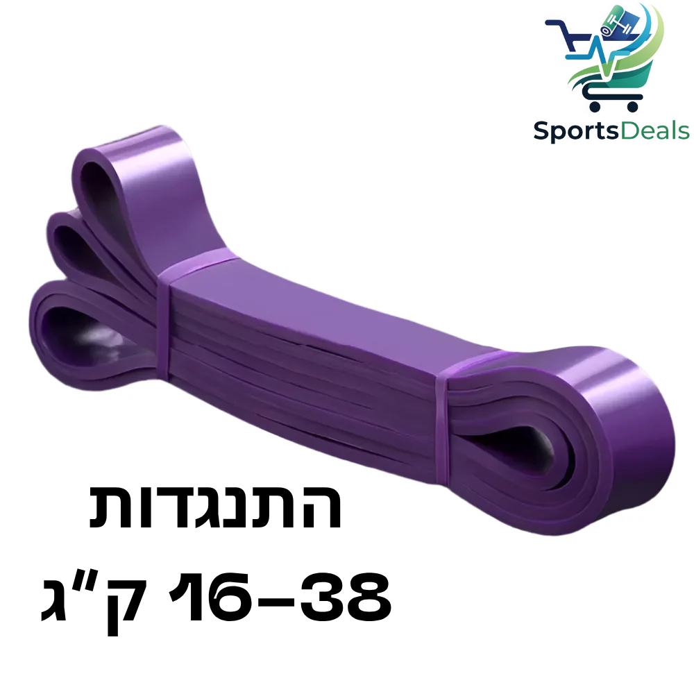 Purple resistance band with text and SportsDeals logo on a white background