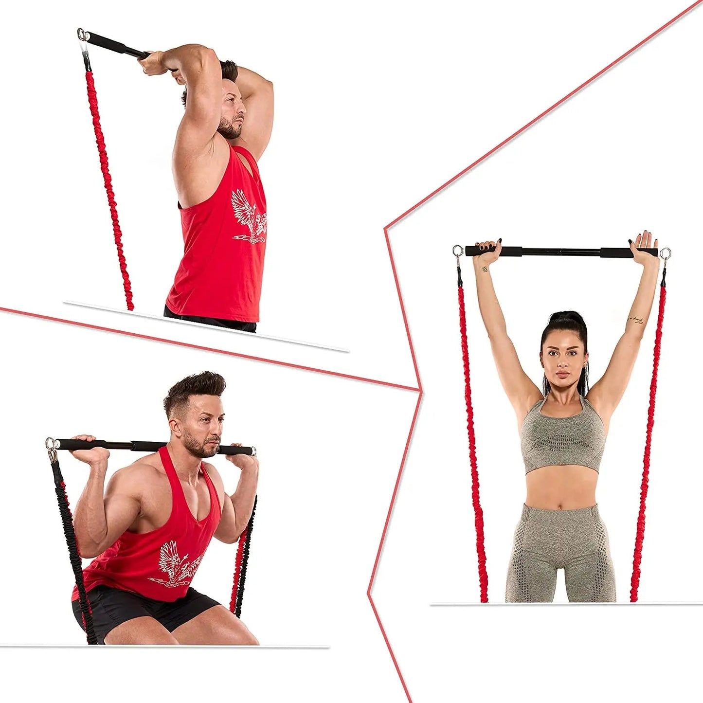 People using resistance bands for tricep curl, squat, and shoulder press exercises on a white background.