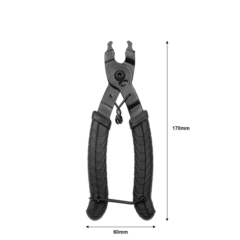 Black pliers with measurement details on a white background