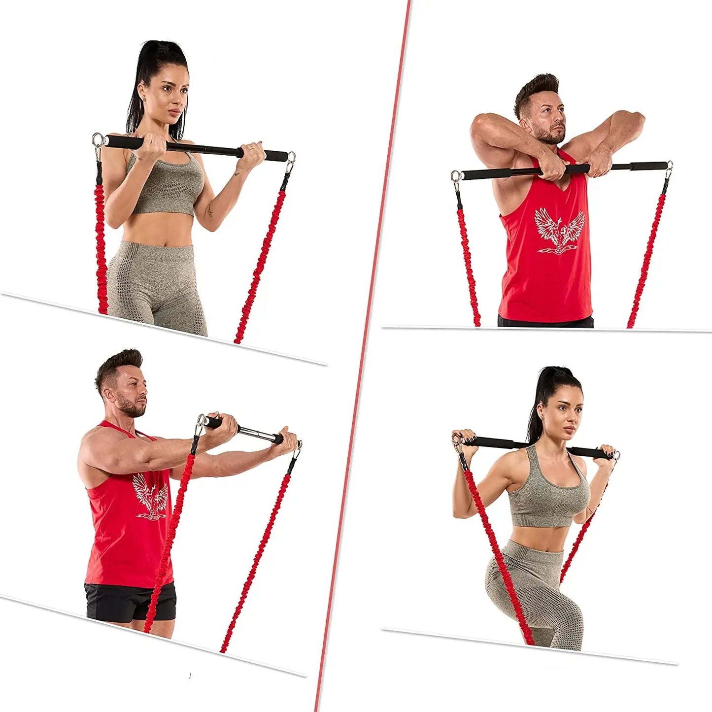 Four people performing different exercises with resistance bands on a white background.