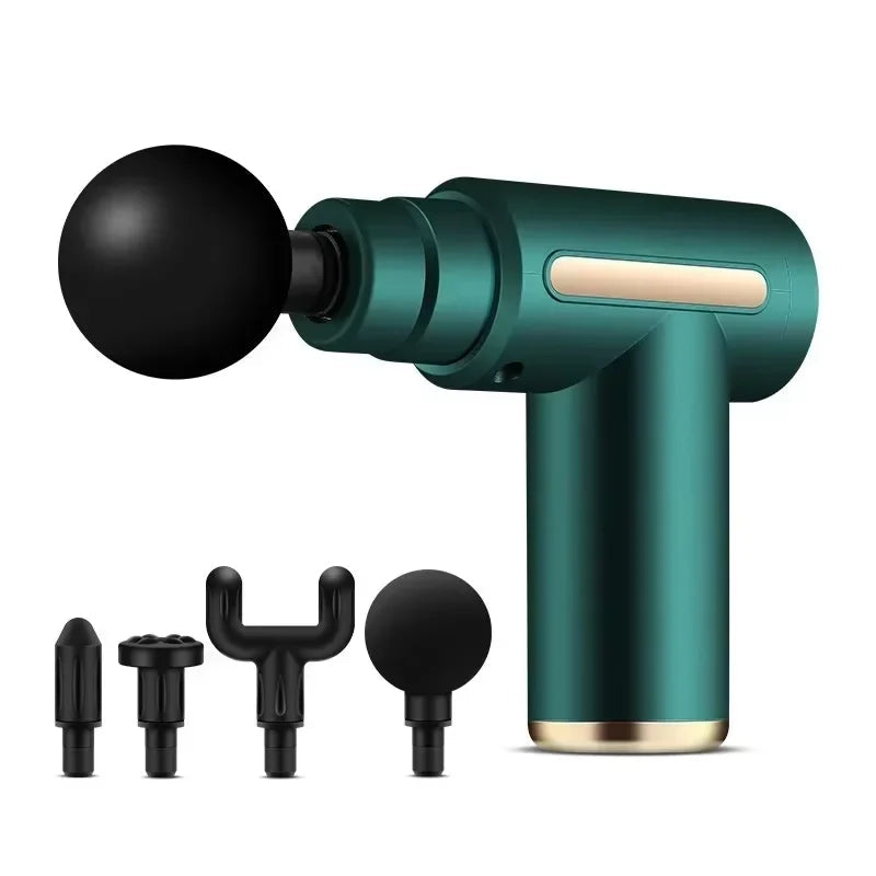 Green massage gun with attachments on a white background