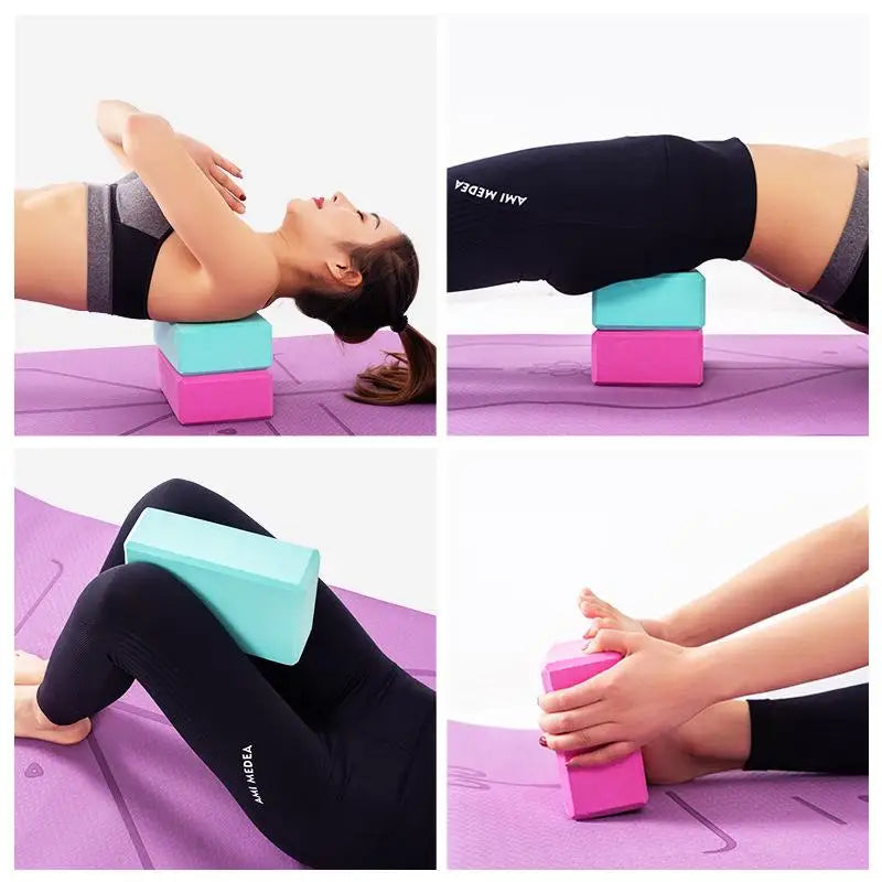 Collage of a woman using colorful yoga blocks for stretching exercises on a purple mat.