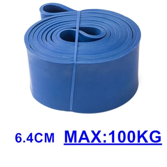 Blue resistance band with a maximum weight capacity of 100KG on a white background