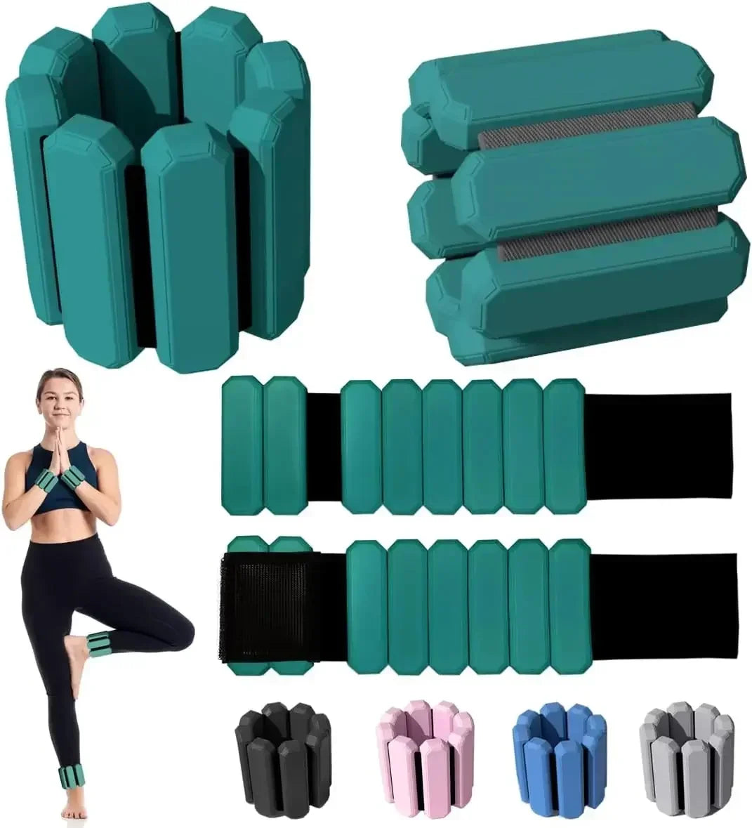Set of green foam rollers and bands with a person in a yoga pose.
