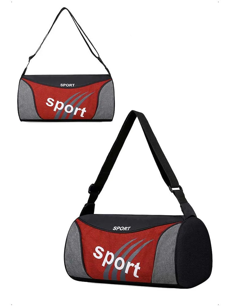 Red and gray duffel bag with 'sport' text on a white background