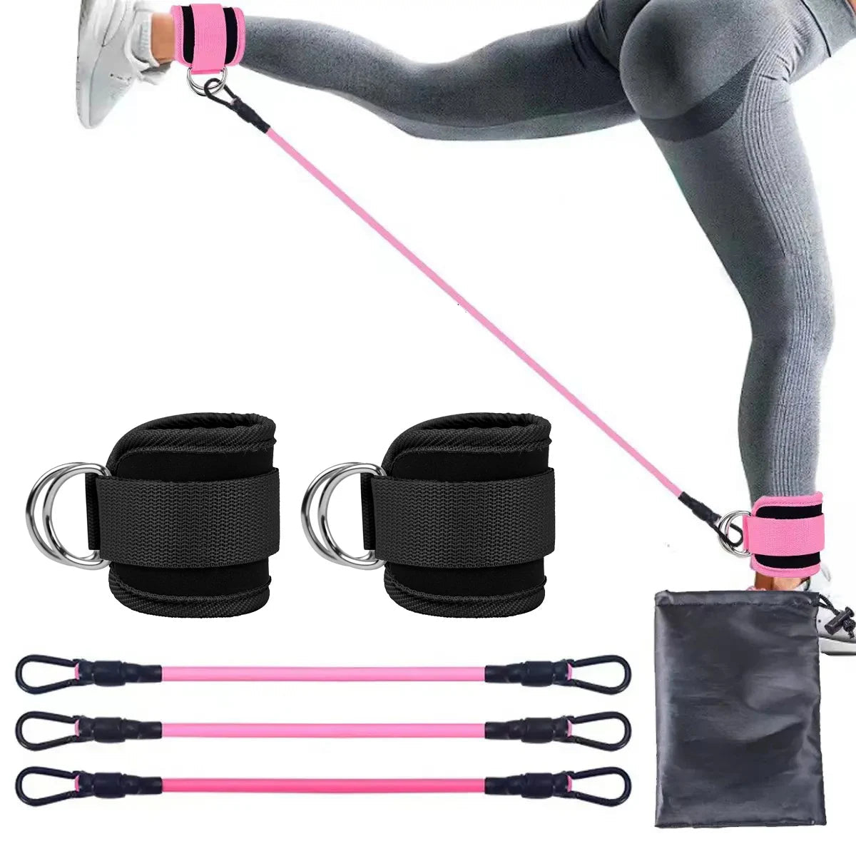 Fitness resistance rope set with black and pink components on a white background