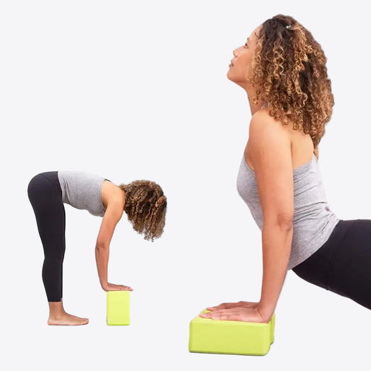 Two women using yoga blocks for stretching on a white background with text about wellness.