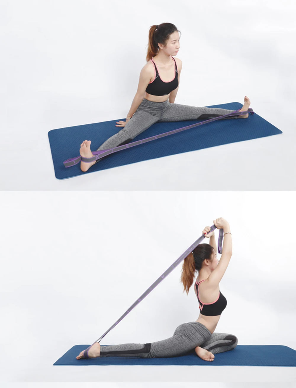 Woman performing a split with resistance bands on a blue mat against a white background