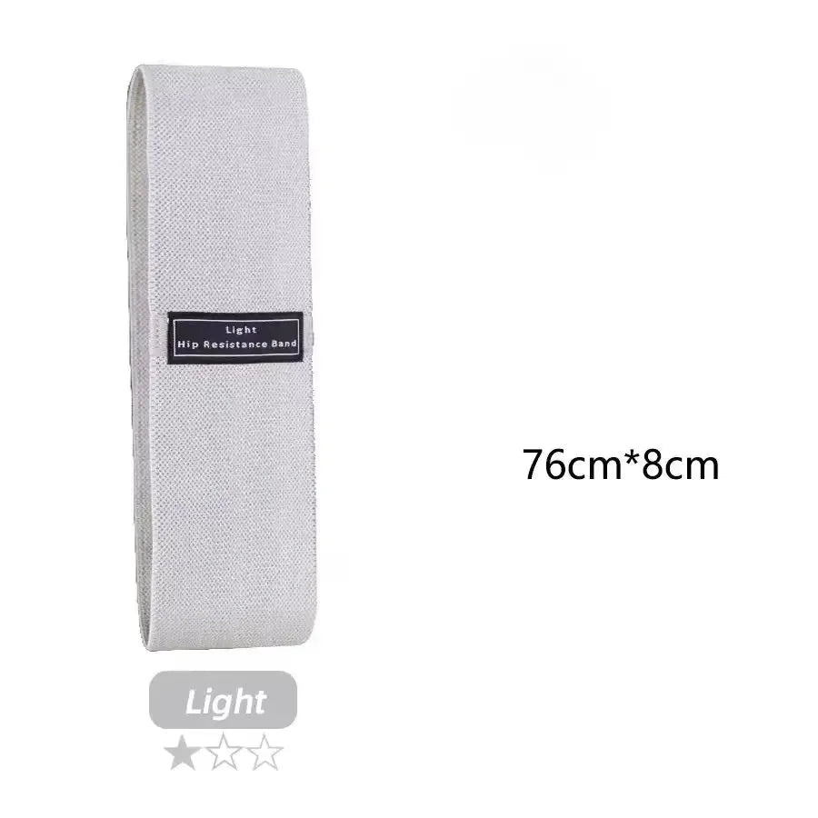 Gray resistance band with specifications on a white background