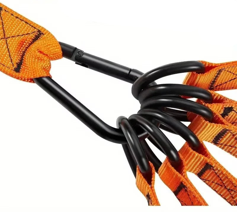 Orange and black dog leash with text about safety and features on a white background