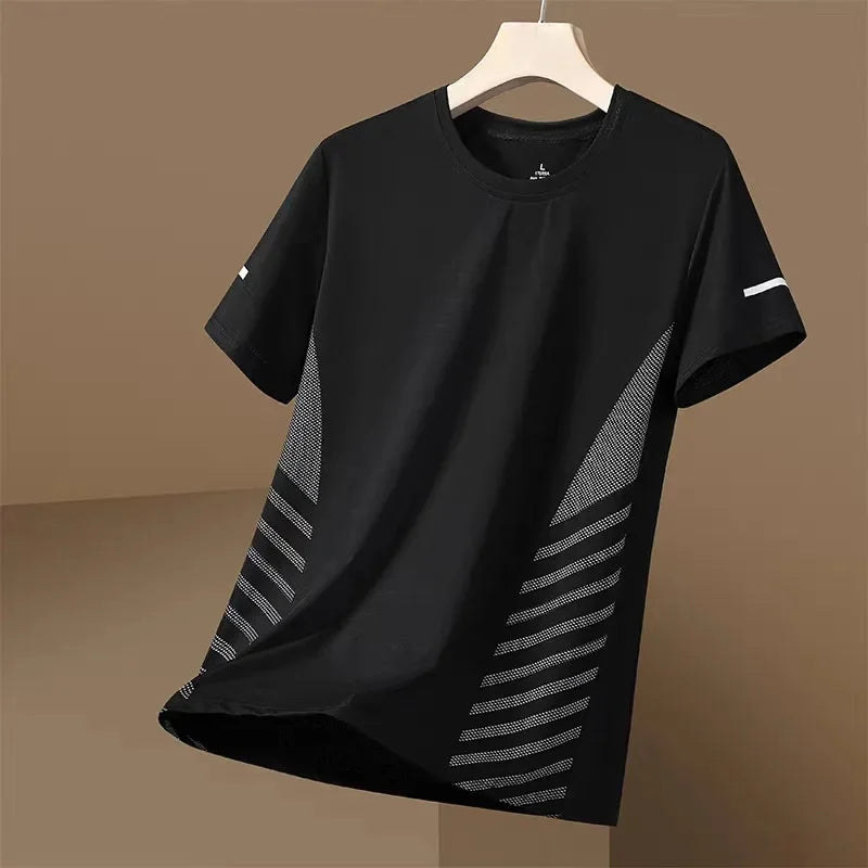 Black t-shirt with white geometric patterns on a hanger against a brown background