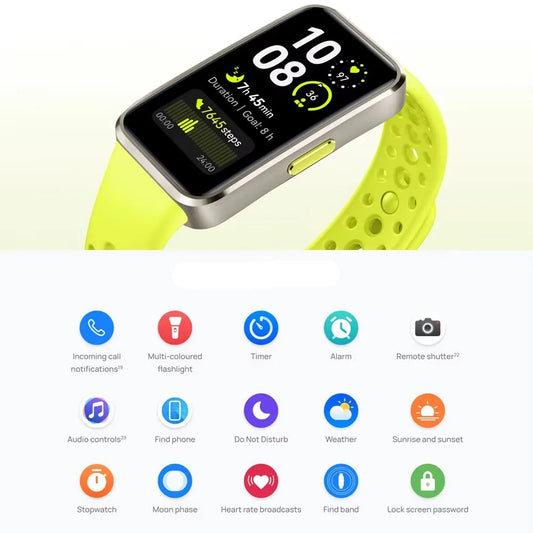 Smartwatch with a green band displaying app icons on a white background
