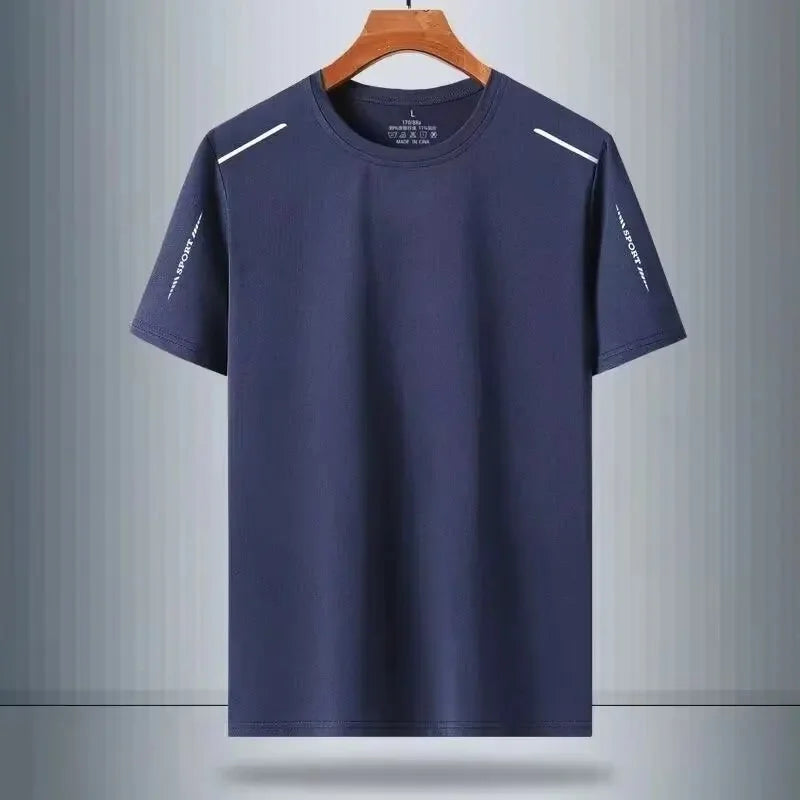Navy blue t-shirt with white accents on a hanger against a gray background