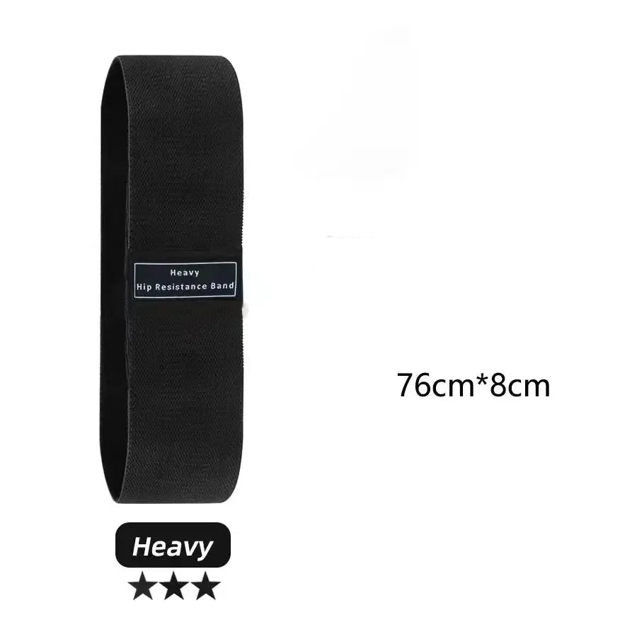 Black resistance band with specifications on a white background