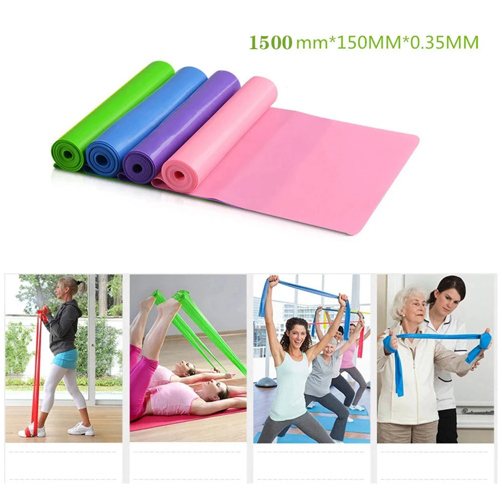 Set of colorful exercise mats and bands with usage examples on a white background