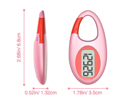 Pink and red digital pedometer with size measurements on a white background