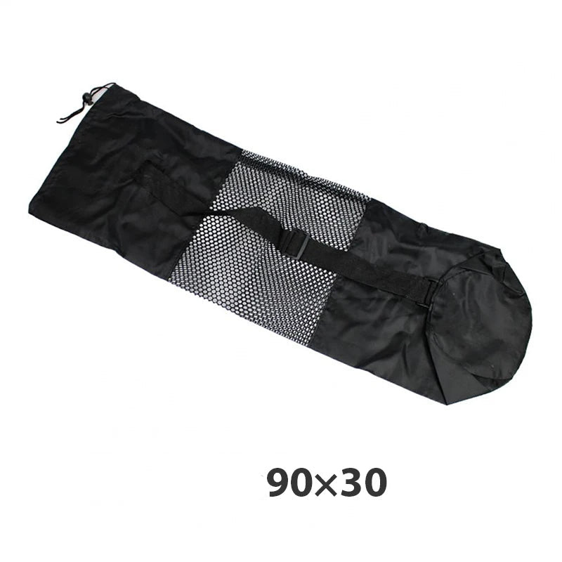 Black mesh drawstring bag on a white background with size '90x30' displayed.