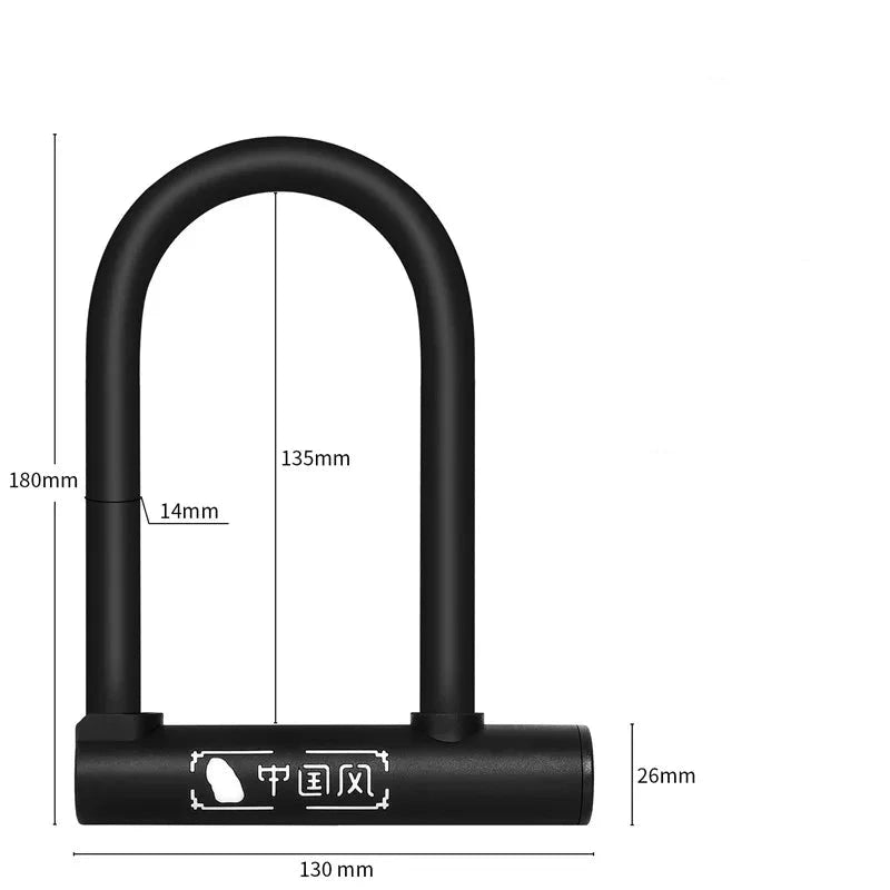 Black U-shaped lock with dimensions and product information on a white background