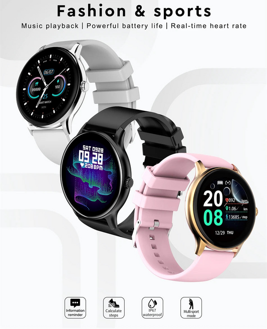 Three smartwatches with different colored bands on a white background, featuring text about smartwatch features.