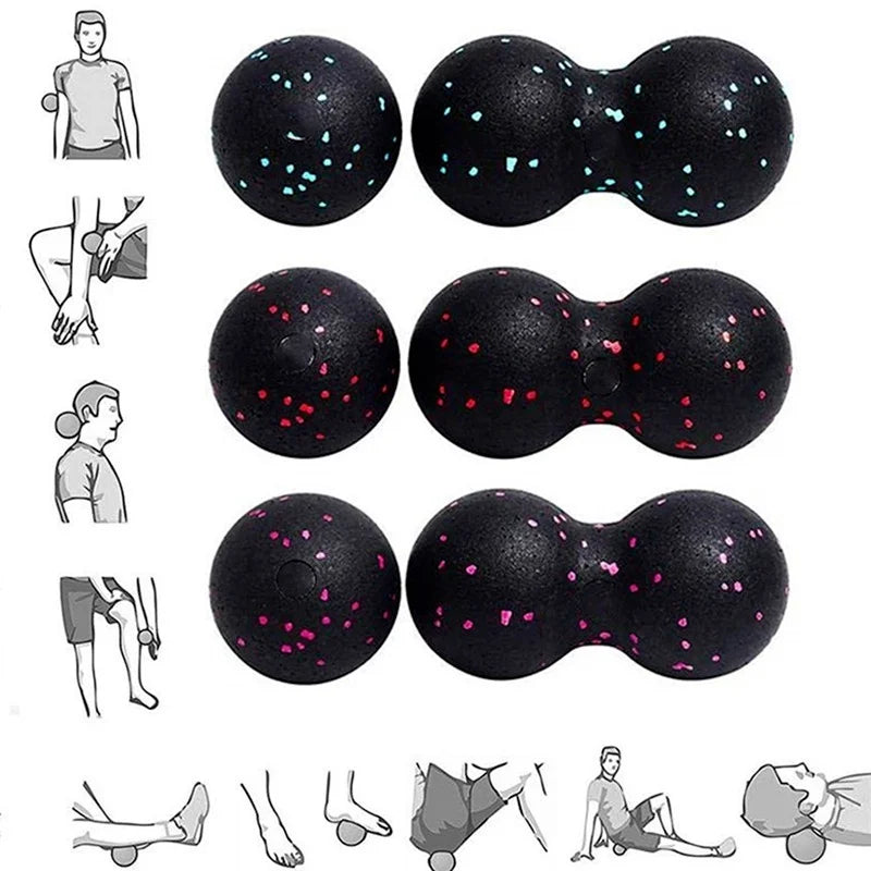 Black massage balls with colorful specks and usage illustrations on a white background