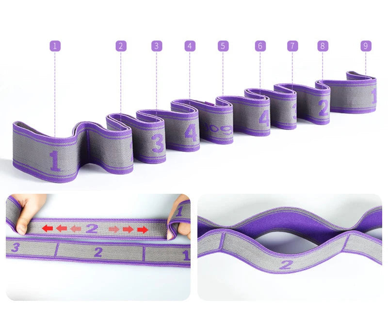 Purple exercise band with numbered segments on a white background