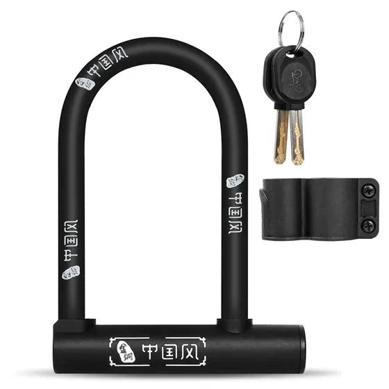Black U-shaped lock with bracket and keys on a white background