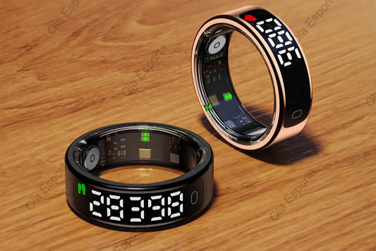 Two digital smart rings on a wooden surface with visible brand name.