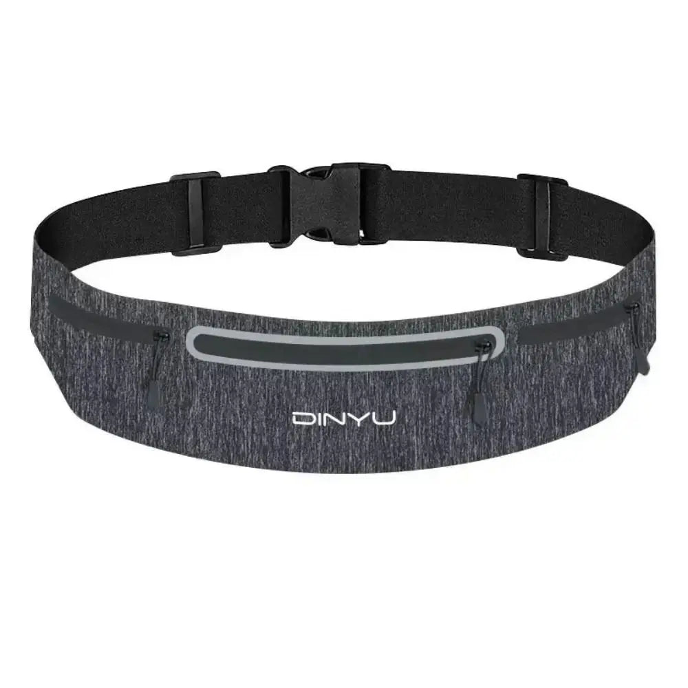 Gray waist bag with black strap on a white background