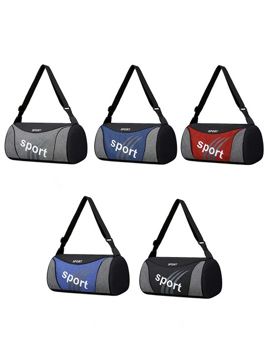 Duffel bag with 'sport' text in various colors on a white background