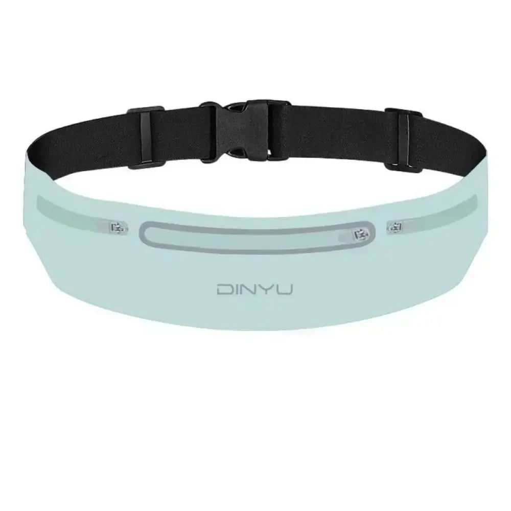 Light blue waist bag with black strap on a white background