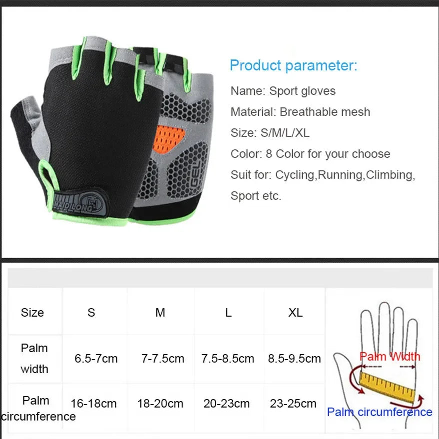 Pair of black and gray sports gloves with green accents on a white background, accompanied by product parameter text.
