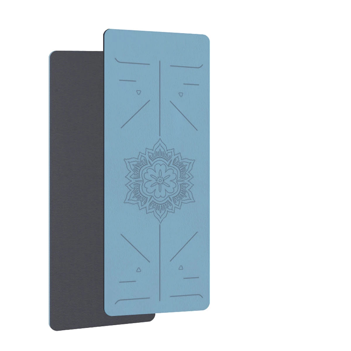 Blue and black yoga mat with lacing feature on a white background