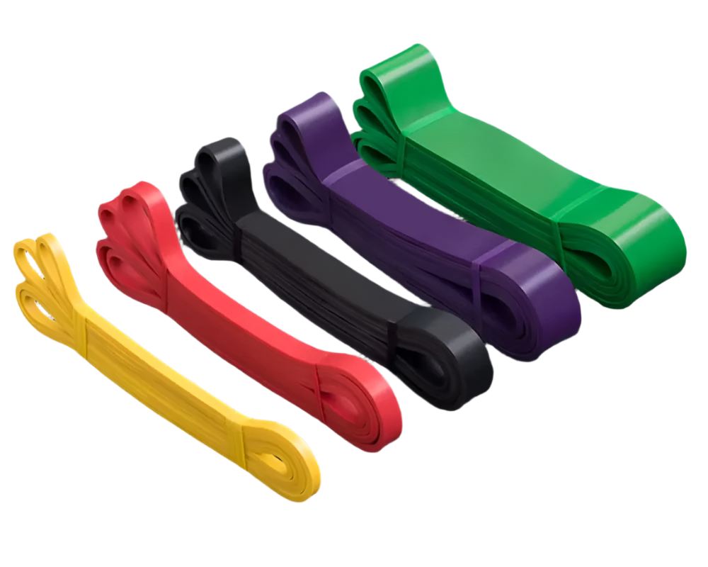 Set of colorful resistance bands on a white background