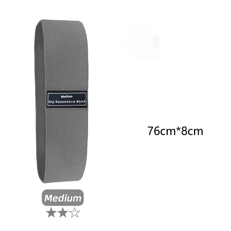 Gray resistance band with specifications on a white background