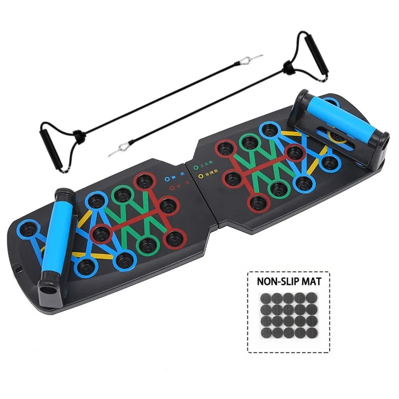 Fitness equipment with resistance bands and a non-slip mat on a white background
