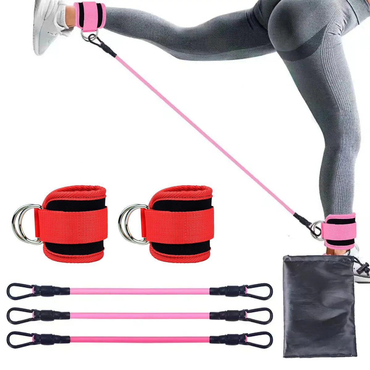 Resistance band set with red handles and pink ropes, including a carrying bag, on a white background.