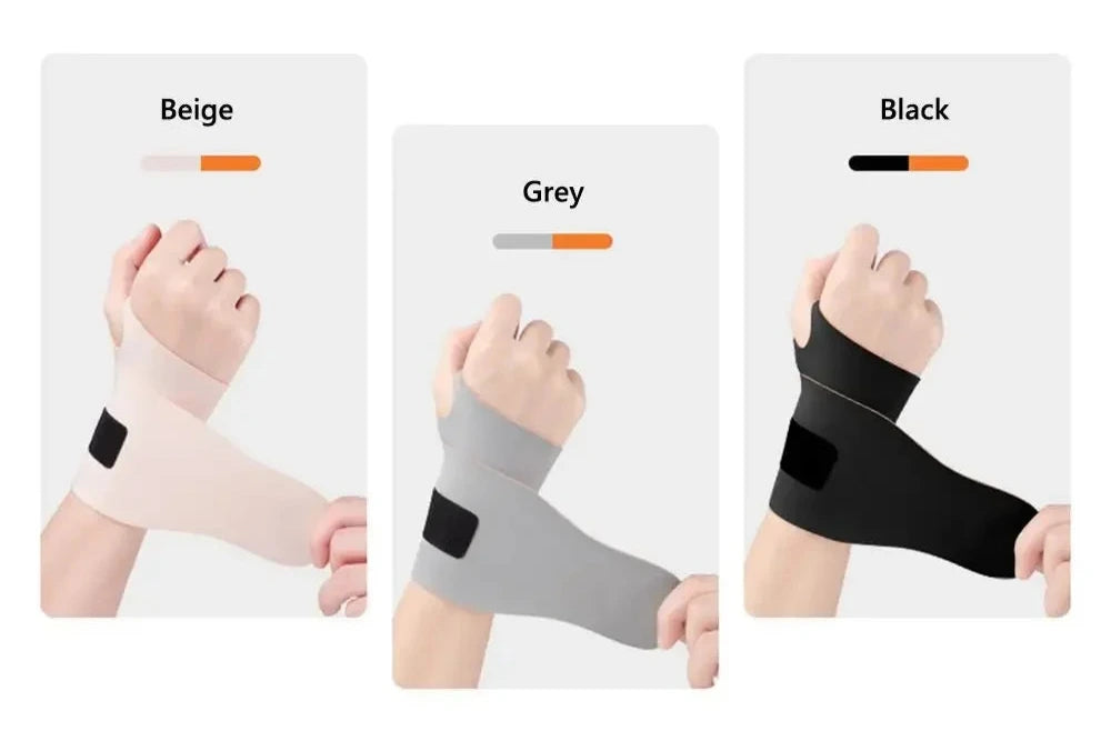 Wrist support straps in beige, gray, and black with color swatches on a white background.