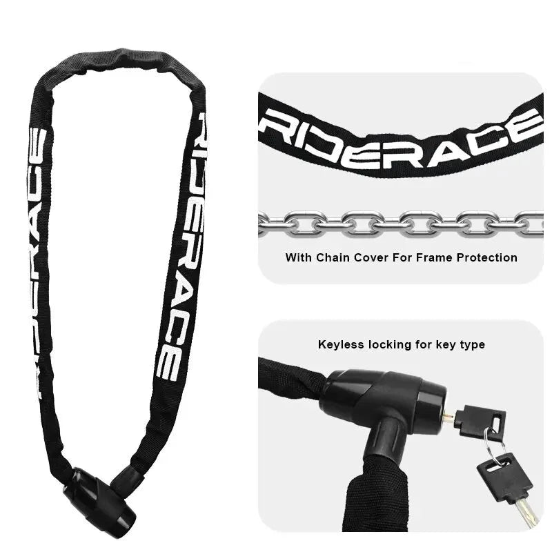 Riderace chain lock with chain cover and keyless locking mechanism on a white background