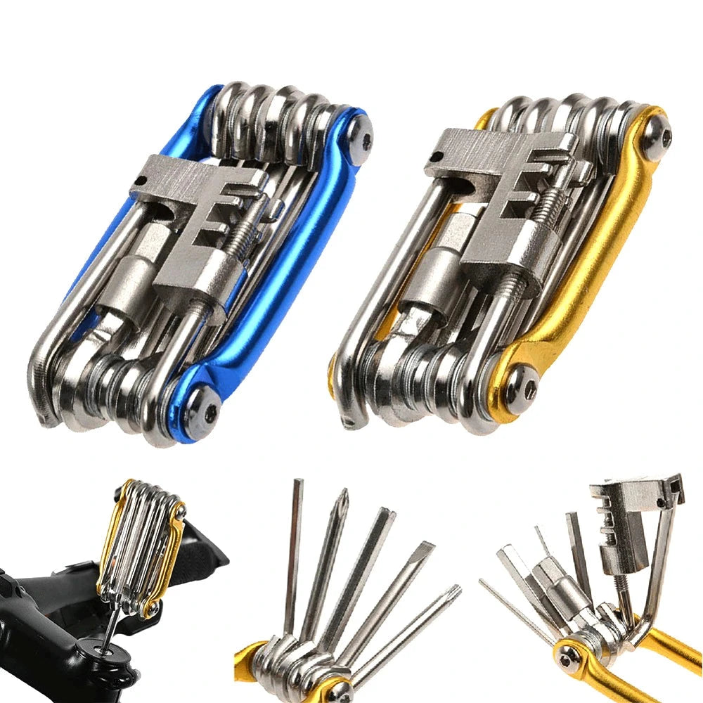 11-in-1 bicycle repair tool with blue and gold handles on a white background