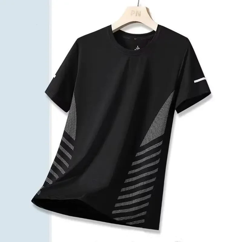 Black t-shirt with geometric patterns on a white background