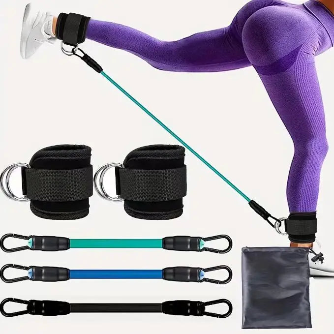 Resistance bands with black loops and a carrying case on a white background