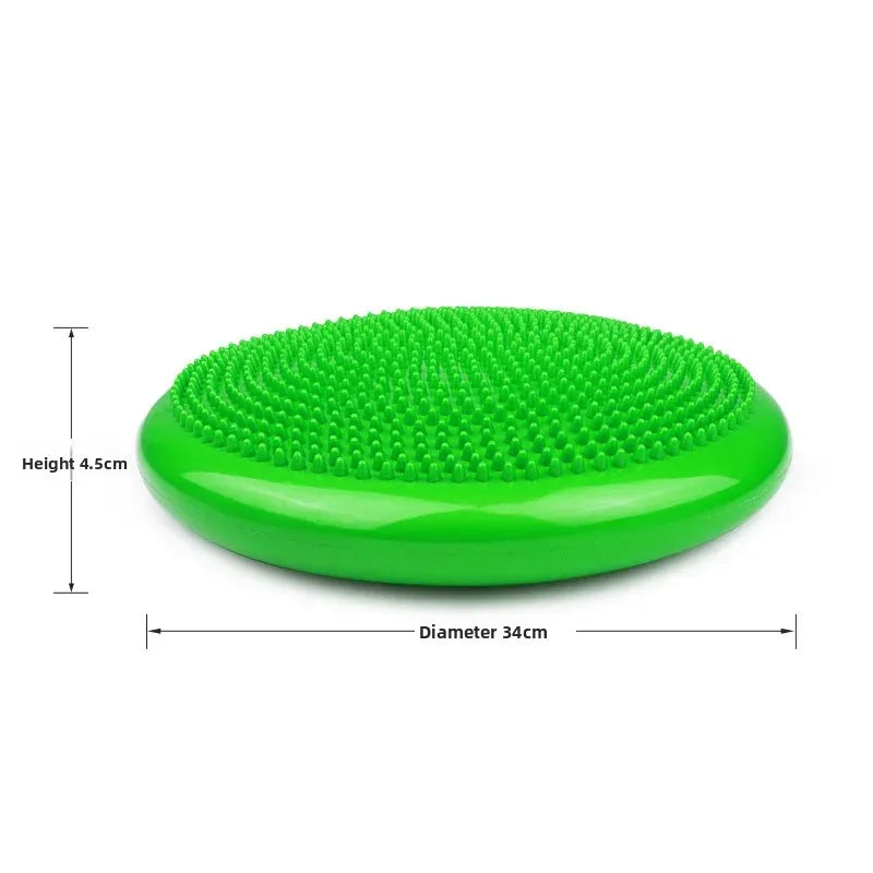 Green balance cushion with measurements on a white background