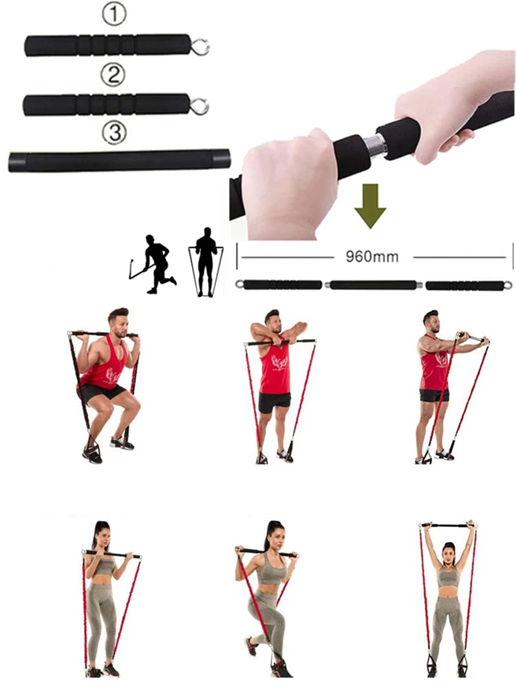 Exercise bar with resistance bands and usage instructions on a white background