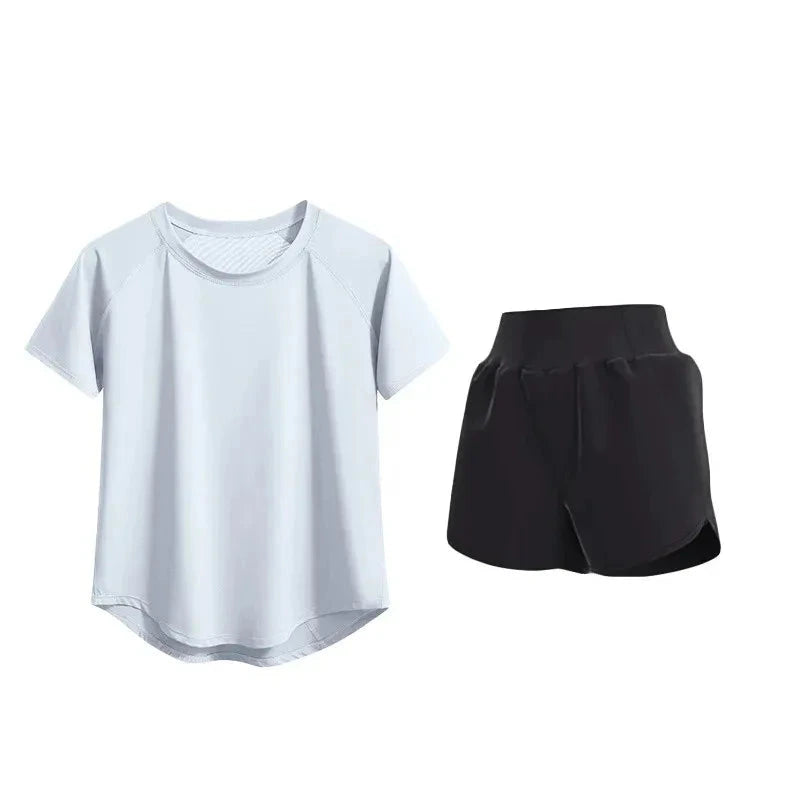 Fitness uniform set with white t-shirt and black shorts on a white background