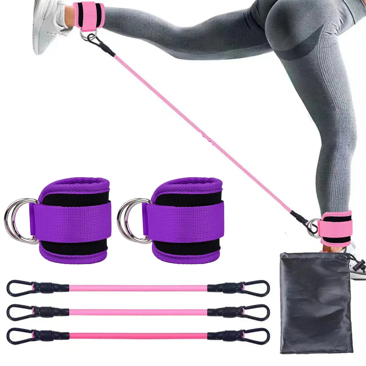 Purple resistance band set with pink handles and carrying case on a white background