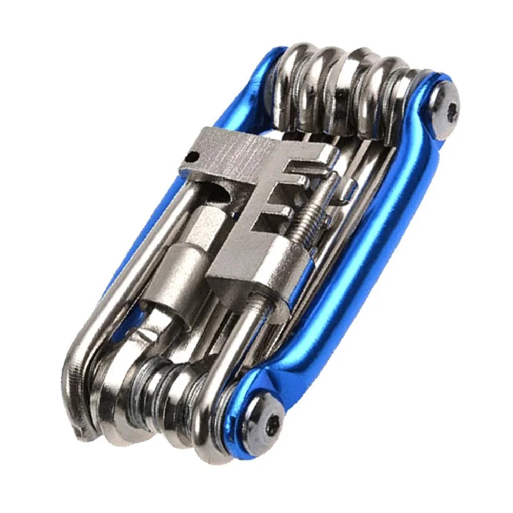 Multitool with blue and silver components on a white background