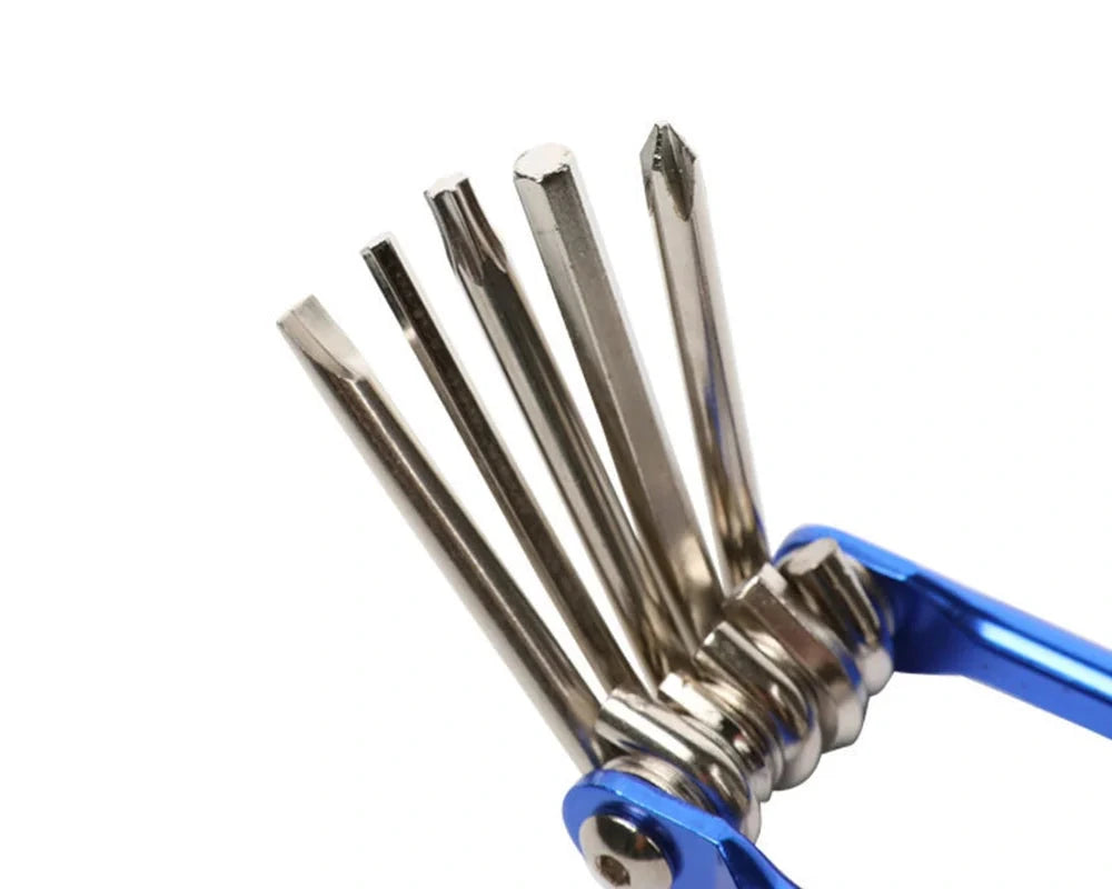 Set of hex keys with blue handle on a white background, labeled 'Aluminum alloy material'.