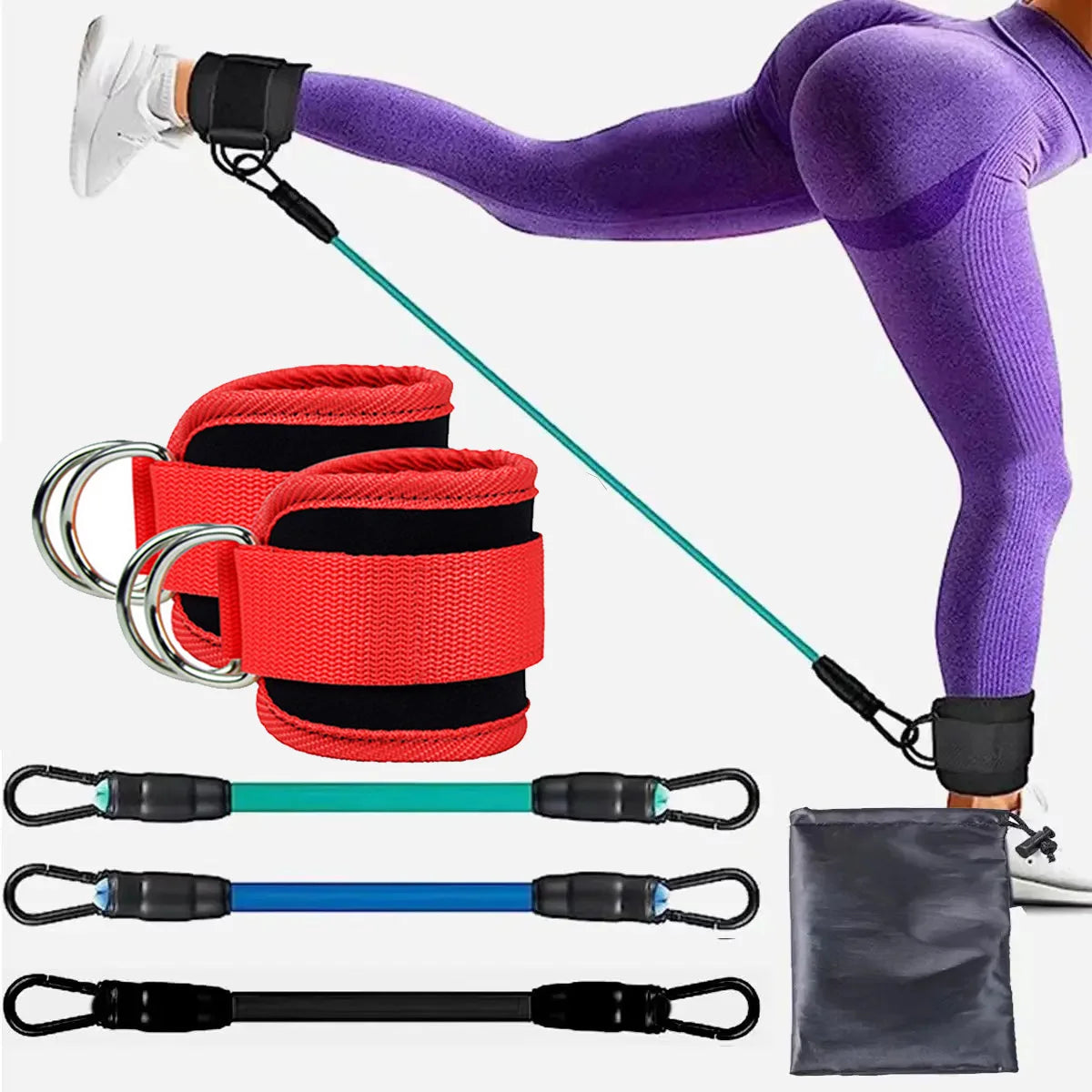 Resistance bands with handles and a carrying case, with a person wearing purple leggings in the background.